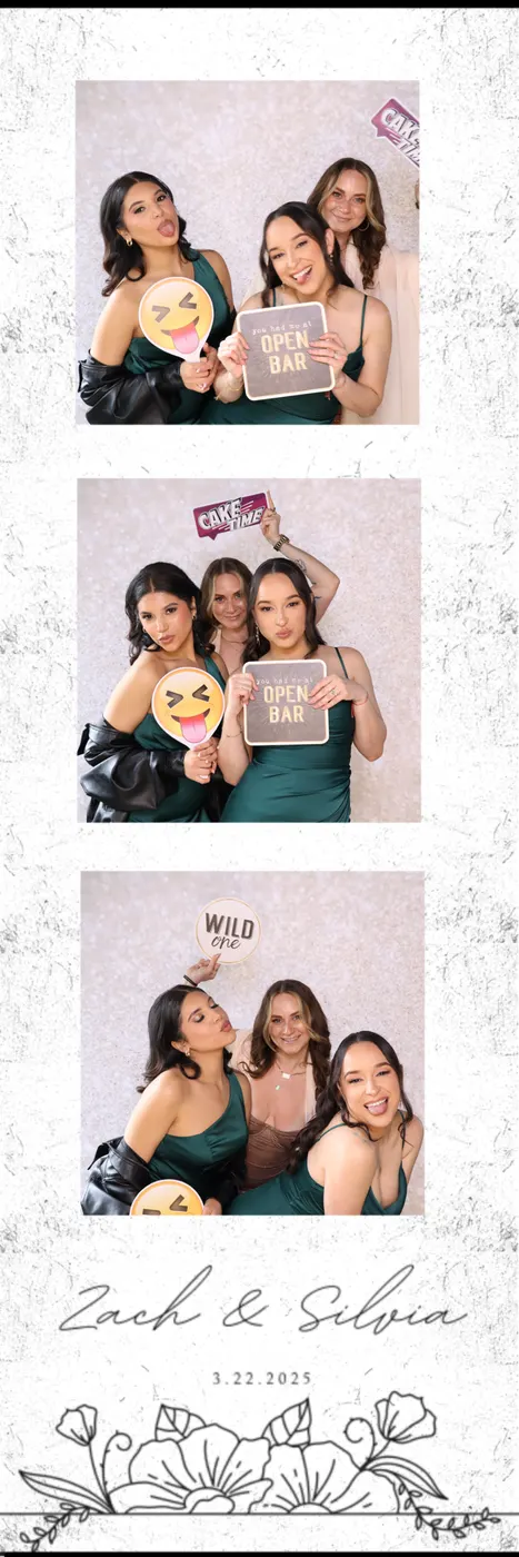 Guests posing with props in a photo booth print strip