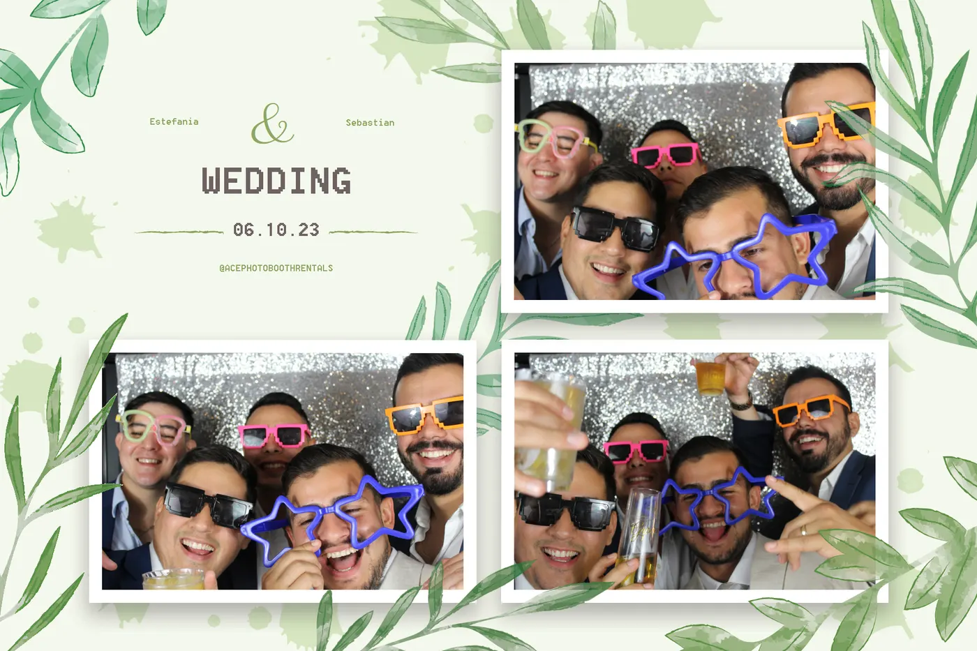 Wedding guests in a greenery photo booth print