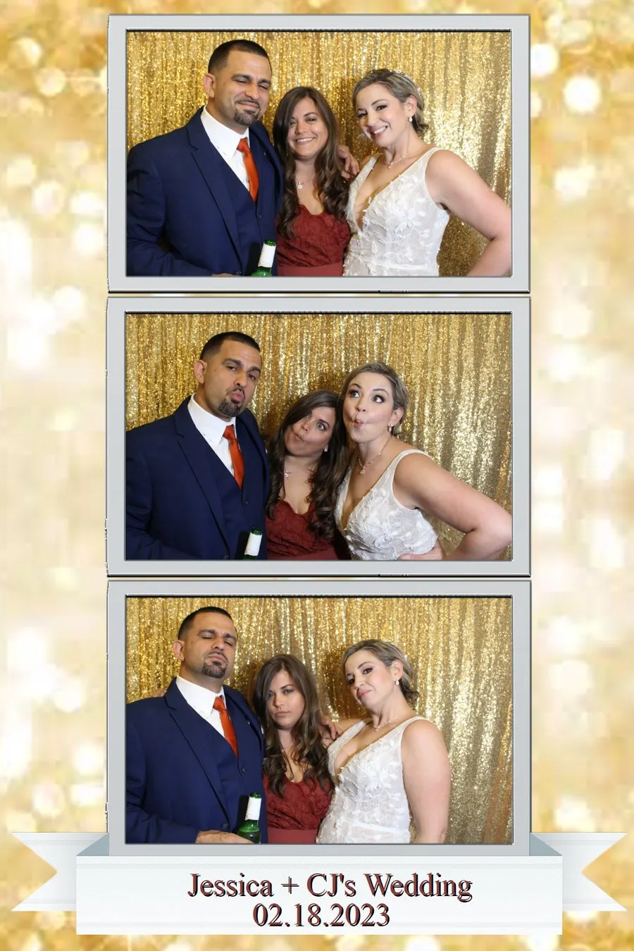 Bride and groom photo booth strips on a gold sequin backdrop